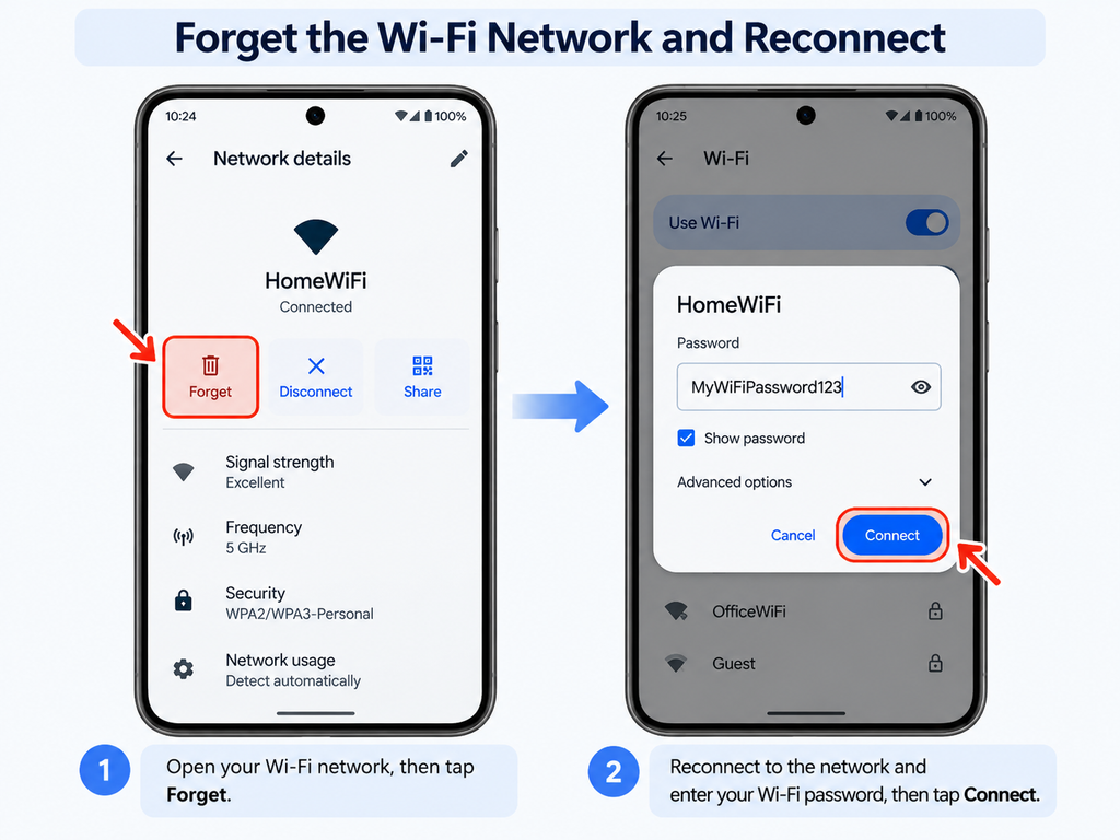 Forget Wi-Fi network and reconnect on Android