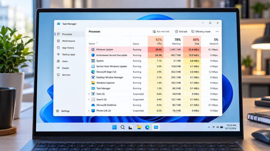Windows 11 Task Manager showing high CPU and disk usage